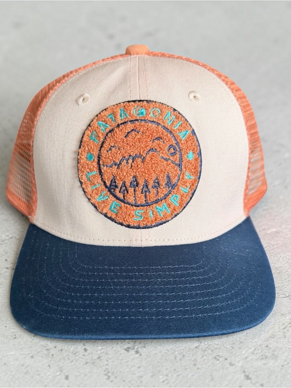 Patagonia Peach & Navy 'Live Simply' Patch Trucker Hat